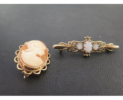 Two 9ct gold brooches - To include a shell cameo and an opal bar brooch - Lengths 2.5 and 4cms - Hallmarked London and Birmin