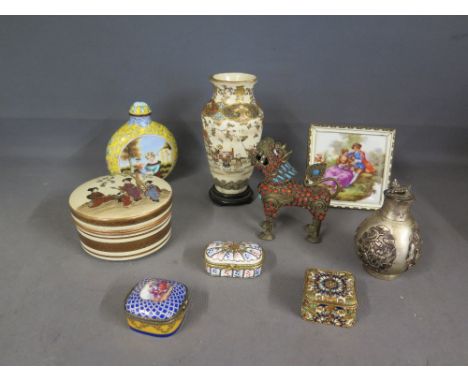 A collection of oriental and European collectable's including a brass and enamel lion, satsuma vase and pot - with some wear 