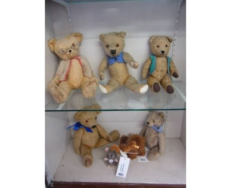 Five vintage Teddy Bears - all with wear and a Steiff Mouse - Piff - and a Baby Mamoth - Manni - both with labels