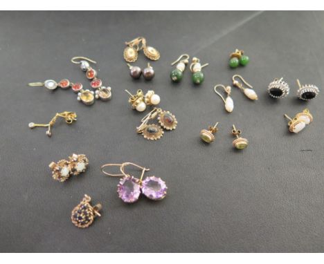 Fourteen pairs of gem-set earrings - To include opal, sapphire, diamond and cultured pearl - Together with a single ear penda