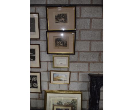 A collection of prints Two with blind stamps, signed indistinctly to right hand corner, two watercolours and a print and a gr
