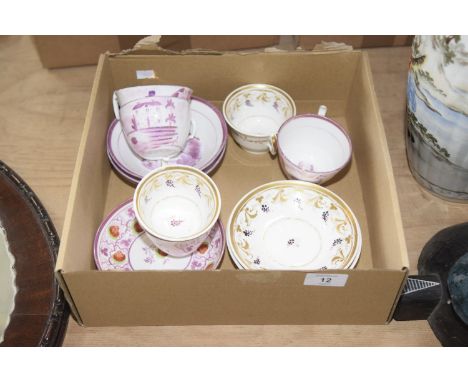 A collection of early 19th Century Staffordshire tea cups and saucers Including four pink lustre ware teacups and saucers, to