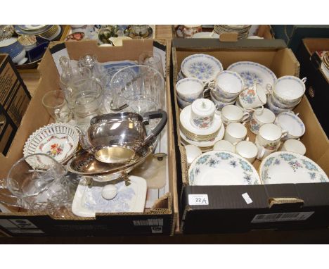 A mixed group of ceramics and glassware Including glass ice bucket, jug, EPNS tea pot, Royal Tuscan tea wares, Royal Doulton 