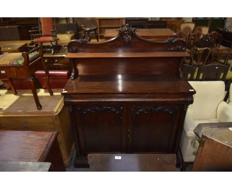 A 19th Century mahogany chiffonier sideboard having a raised single shelf above two cupboard doors on a plinth base. 