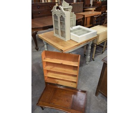 Three assorted painted wall cabinets, a wall shelf and a mahogany bed tray. (5) 