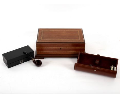 A Dunhill pipe with .925 standard band, cased and a Bauz 4 No 4 humidor and a leather cased shoe cleaning set and a small hum