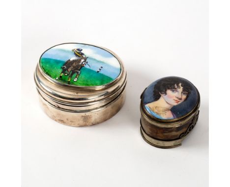 A Sterling silver aviator trinket box with enamel panel of a polo player, 8cm diameter and a small Russian box with portrait 