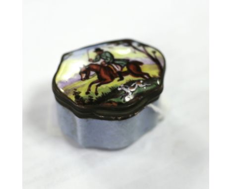 A 19th Century enamel box of cartouche shape, the cover depicting a huntsman and hound, 4.5cm wide