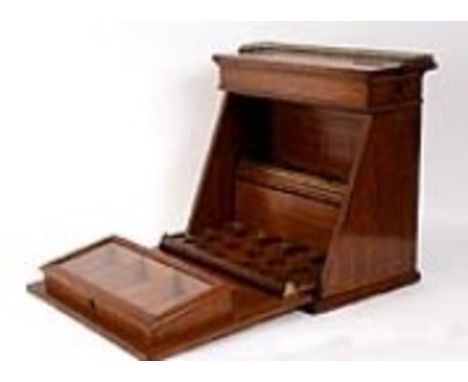 A gentleman's oak cased gaming compendium, The Lubar, the hinged upper section with glazed compartments for playing cards abo