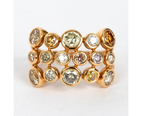 A multi-diamond dress ring by Lorique, set with three rows of coloured diamonds to an 18k yellow gold, size N 