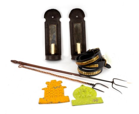 Two mirror back wall lights, two toasting forks, two lead insurance badges and three dog collars CONDITION REPORT: Mirrors wo