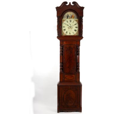 A Victorian mahogany, satinwood and rosewood crossbanded longcase clock, swan neck pediment with an arched glazed dial and tu