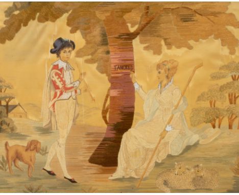 A George III silkwork picture, Tancred, a shepherdess carving the word on a tree, a boy with pipe and dog beside, 41cm x 52cm