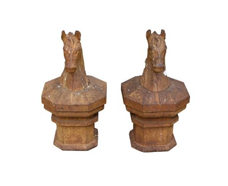 A pair of cast iron horse head gate post finials, 56cm high