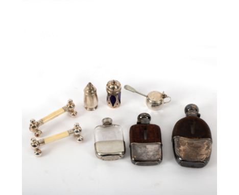 Two silver pepper pots, a small mustard pot, a pair of ivory and plated knife rests, a plated hip flask, a silver mounted hip