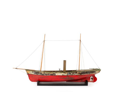 A steam powered model boat with single funnel and teak deck, the red painted hull 109cm long/see illustration