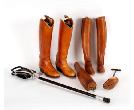 A pair of Browns leather riding boots, various boot trees and a shooting stick 