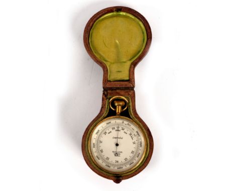 An aneroid barometer, thermometer and compass in a brass case, by Dolland, London and the leather case for the same
