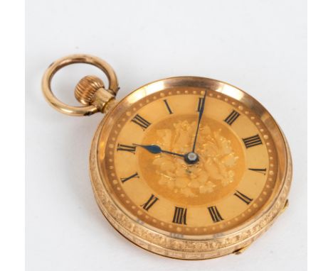 A lady's 18ct gold cased open faced pocket watch, case no 88592, the dial with Roman numerals, the case with foliate decorati