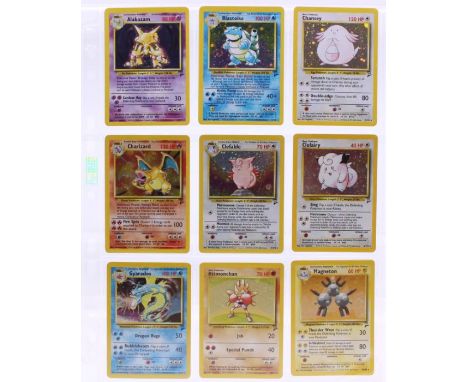 Pokemon: A complete Pokemon Unlimited Base Set 2, comprising 130 cards. To include Blastoise (2/130) and Pidgeot (14/130) wit