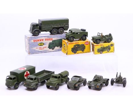 Dinky: A collection of assorted Dinky military vehicles to include: 10-Ton Army Truck, 622; Field Artillery Tractor, 688; and