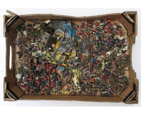 Johillco: A collection of assorted lead figures and vehicles, mostly Johillco, some Britains and others, heavily playworn. Pl