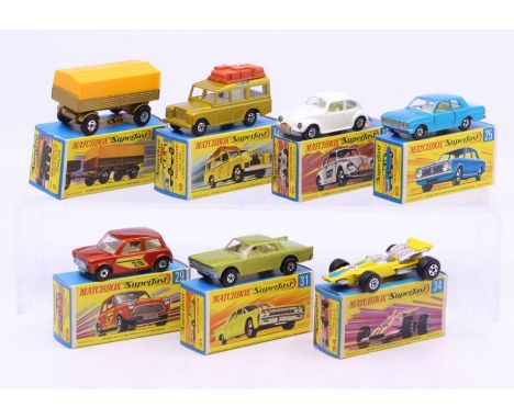 Matchbox: A collection of seven boxed Matchbox Superfast 75 vehicles to comprise: Mercedes Trailer 2, Safari Land Rover 12, V