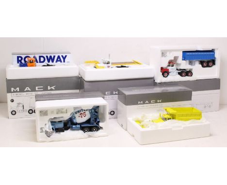 First Gear: A collection of five boxed First Gear models, 1:34 Scale, to comprise: Mack R-Model Mixer, Mack R-Model with 35' 