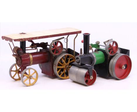 Mamod: An unboxed Mamod Steam Roller, together with an unboxed Mamod Traction Engine, repainted; and an unboxed Mamod Trailer