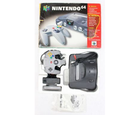 Nintendo: A boxed Nintendo 64 black console, containing unit, one controller, cables and instructions, as well as Star Wars S