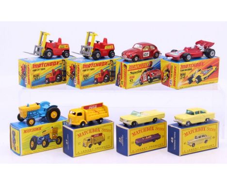 Matchbox: A collection of eight boxed Matchbox Series vehicles to comprise: Fork Lift Truck 15, two examples; Volkswagen 1500