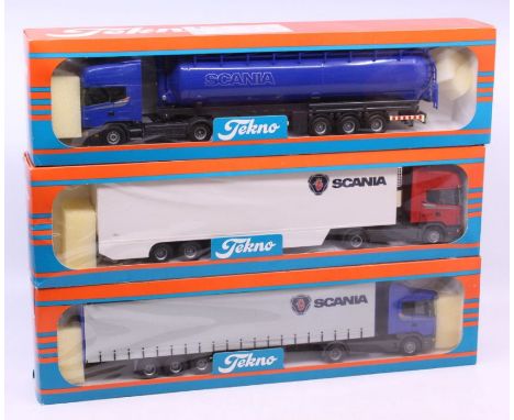 Tekno: A pair of boxed Tekno diecast, Scania lorries, 1:50 Scale, Made in Holland. Together with a boxed Tekno diecast, Scani