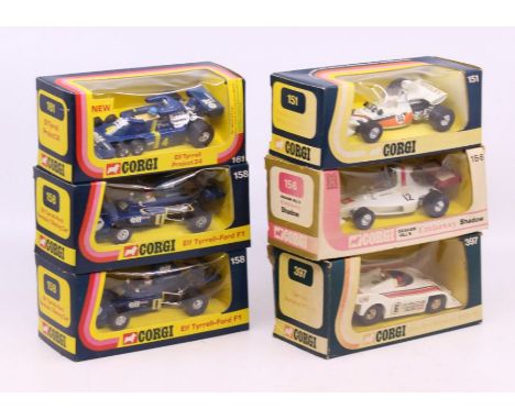 Corgi: A collection of six boxed Corgi racing cars to comprise: Yardley McLaren 151; Elf Tyrrell-Ford Formula 1 158, two exam