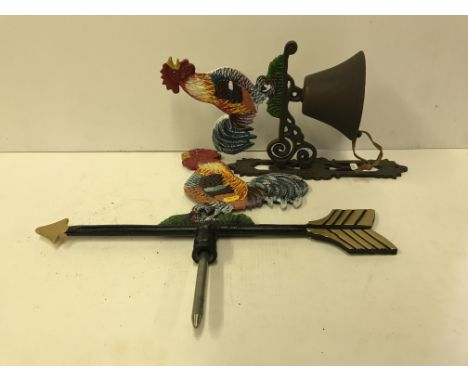 A painted cast iron "Cockerel" exterior door bell, together with a matching "Cockerel" weather vane