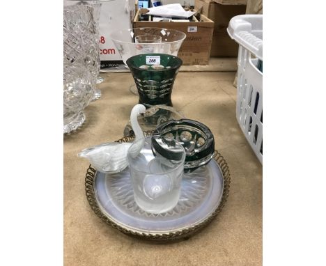 A Val St. Lambert faceted and green overlaid glass ashtray (with damage), together with a similar vase, a Murano style swan, 