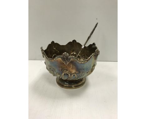 An embossed silver punch bowl, together with a Georgian silver and whale bone punch ladle, weighable silver 21 oz CONDITION R