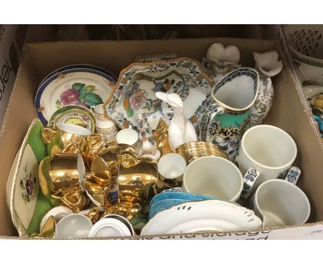 Two boxes of assorted china wares and a box of sundry items, a Chinese moon flask style vase, various duck ornaments, Victori