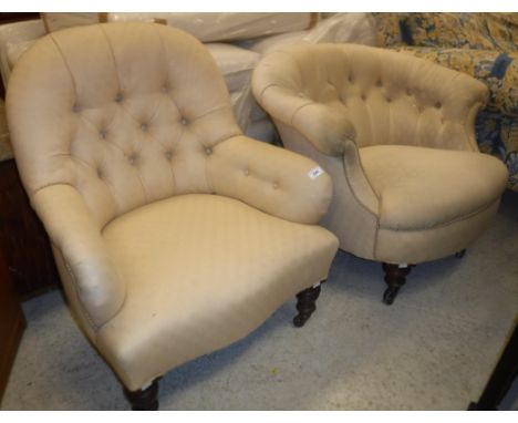 A Victorian button back salon chair raised on turned and ringed legs, together with another similar and an ebonised framed ch