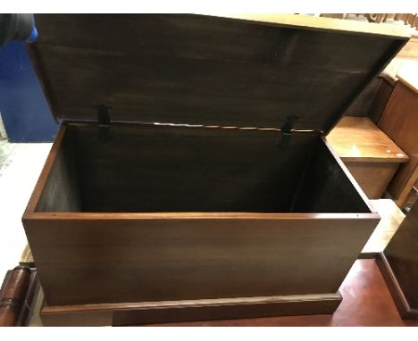 A stained cedar trunk, the plain top over plain sides with wrought iron handles, raiesd on a plinth base, 89 cm wide x 45 cm 