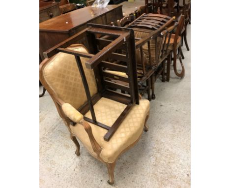 A collection of furniture comprising a 19th Century beech framed chair in the Louis XV taste, four oak rush seated ladder bac