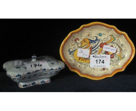 Italian ceramic pin dish together with continental ceramic two section jar and cover.  Initials to base G.W.  (2)(B.P. 24% in