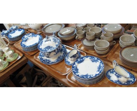 Four trays of 19th Century blue and white transfer printed floral dinnerware items, the base marked: 'Leeds', comprising: sau