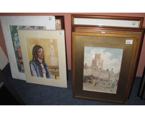 Group of assorted furnishing pictures, various, to include: watercolours; reproduction maps; framed tapestry; prints; portrai