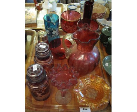 Tray of assorted glassware to include: cranberry glass jug, bowl and sugar sifter; carnival glass bowl; ruby glass specimen v