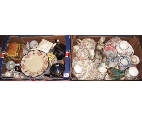 Two trays of assorted china to include: James Kent, London, 'Rosalynds' teaware; ceramic figures of a Pug dog and a standing 
