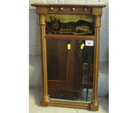 19th Century small, narrow, gilt framed mirror with painted hunting scene panel.(B.P. 24% incl. VAT)
