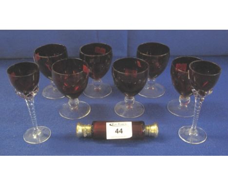 Selection of ruby glass to include assorted drinking vessels together with double ended, silver plated scent bottle. (9)(B.P.