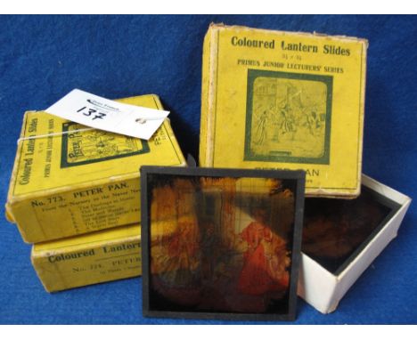 Three sets of Primus Junior lecturers series coloured lantern slides, Peter Pan in three chapters.  Original boxes (Slides no
