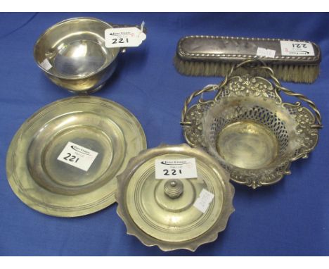 Group of assorted silver and plated items to include: silver taste vin; EPNS pierced basket; plated saucer and silver bowl an