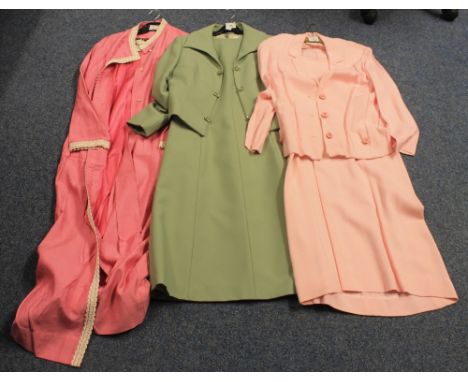 Collection of vintage clothing (60's-80's) to include green dress suit by Peggy French Couture, a pink linen dress suit by Re